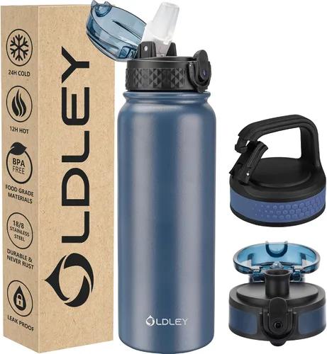 Miniatura 26 de Botella de agua aislada Oldley de 12 oz con pajita, botella de agua de acero inoxidable con 2 tapas, botellas de doble pared con vacío para adultos