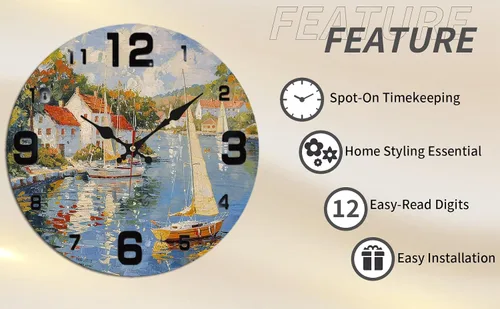 Miniatura 6 de Coastal Harbor Painting Wooden Wall Clock with Nautical Scene 25x25cm