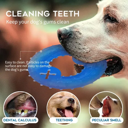 Miniatura 4 de Juguete de dentición congelable para cachorros, 1 anillo de dentición + 1 hueso de dentición congelable para perros juguetes masticables (azul)