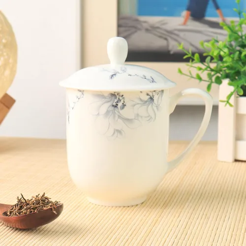 Miniatura 3 de Jingdezhen - Taza de té de porcelana fina con tapa de 12 onzas, taza de porcelana blanca para oficina y hogar (azul y blanco)
