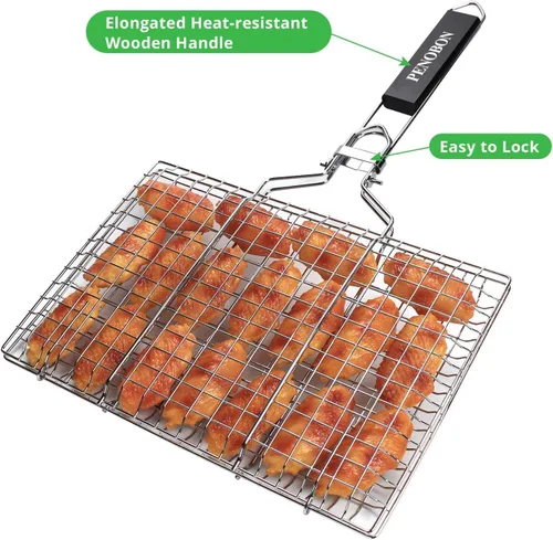 Miniatura 7 de Cesta para asar pescado, plegable, portátil, de acero inoxidable, para pescado, verduras, camarones con mango extraíble, viene con cepillo