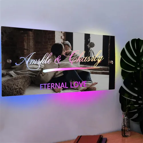 Miniatura 23 de Espejo de barra de nombre LED personalizado, letreros de neón iluminados para decoración de pared para bar en casa, día de San Valentín y regalos