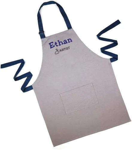 Miniatura 5 de Delantal para niños - Delantal de cocina personalizado bordado con nombre, ajustable, de algodón, con bolsillos, para cocinar 07 Gris + Azul marino
