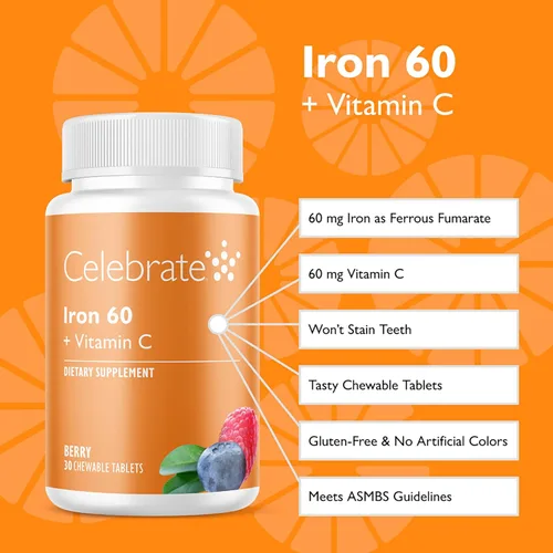 Miniatura 2 de Suplemento de hierro para celebrar las vitaminas con 60 mg de hierro y vitamina C – masticables de bayas para pacientes bariátricos, bypass gástrico