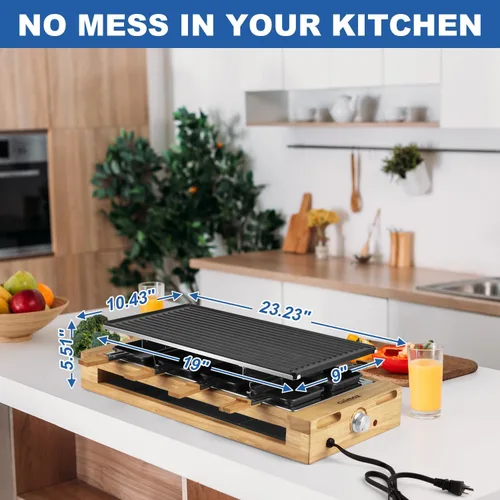 Miniatura 7 de CUSIMAX - Parrilla de mesa de raclette para interiores, parrilla eléctrica de 1500 W con placa antiadherente reversible 2 en 1/base de madera