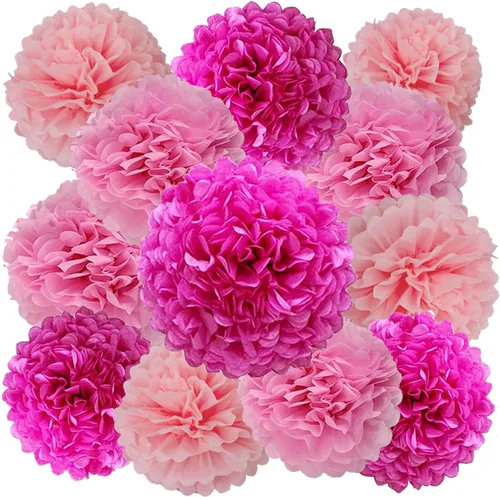 Miniatura 12 de We Moment Pompones de papel de seda morado y rosa para decoración de fiesta de niñas en el techo, para colgar en la pared, 12 pompones de seda de 4