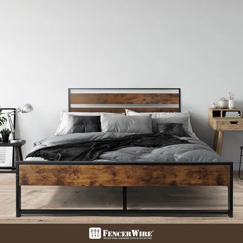 Miniatura 6 de Fencer Wire Base de cama de metal con cabecera y estribo de madera modernos, base de colchón, plataforma de metal con marco de acero, sin ruido,