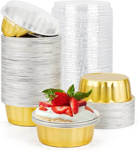 Miniatura 58 de Beasea Ramequines con tapas, 8oz 50 unidades de tazas de aluminio desechables para hornear, tazas de papel de aluminio plateado para creme brulee