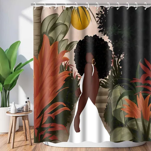 Miniatura 10 de Cortina de ducha de mujer afroamericana, sexy, de 36 x 72 pulgadas, poliéster, abstracto, bohemio, tropical, hojas de plantas tropicales, juego