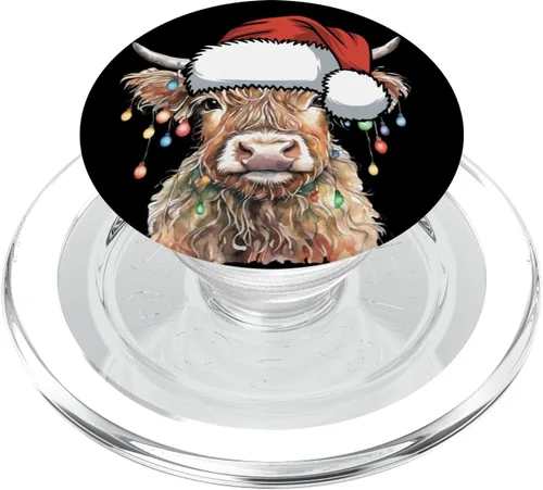 Divertidas luces navideñas de vaca escocesa de las tierras altas de Navidad, cabeza de Papá Noel, PopSockets MagSafe PopGrip para iPhone