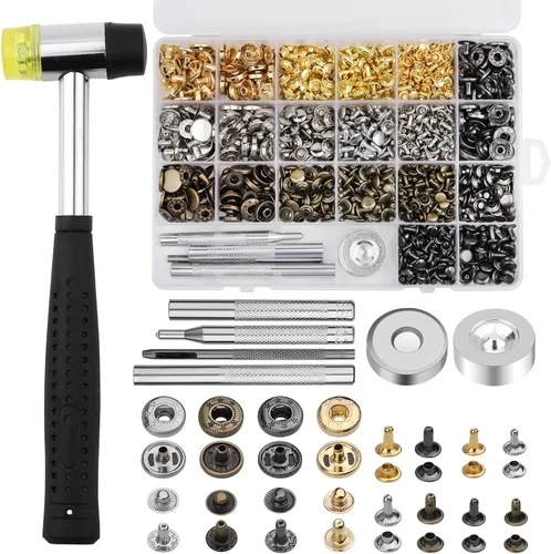 Yizzvb Kit de 320 remaches de cuero, 60 sujetadores de presión de cuero, remaches tubulares de doble tapa de 2 tamaños, kit de herramientas de