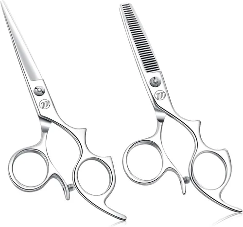 Moontay Juego de tijeras de corte de pelo de 5.5 pulgadas con agujeros grandes para los dedos, tijeras de adelgazamiento de peluquero profesional,