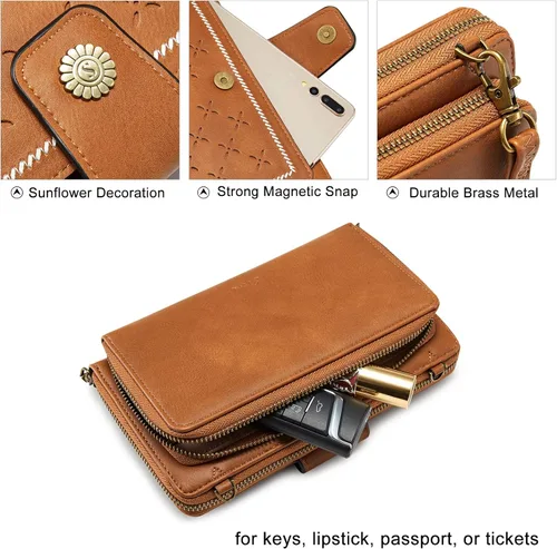 Miniatura 5 de S-ZONE Cartera cruzada para teléfono celular, cartera de pulsera para mujer, con bloqueo RFID, con 2 correas