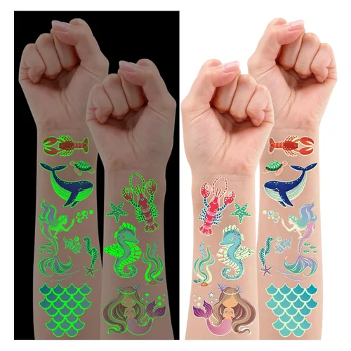 Miniatura 8 de Partywind 380 estilos (30 hojas) tatuajes luminosos para niños, estilos mixtos temporales tatuajes adhesivos con sirena/dinosaurio/espacio/pirata