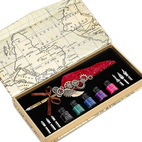 Miniatura 9 de NC Juego de tinta de plumas, incluye 5 botellas de tinta y 6 puntas reemplazables, bolígrafo mecánico para escribir, letras, diario, firma, Azul