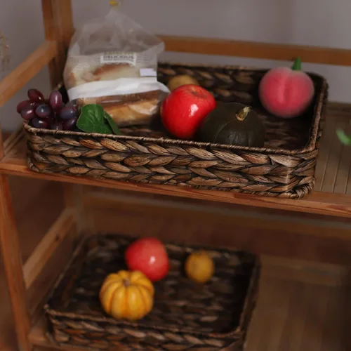 Miniatura 4 de Bandeja de servir tejida de jacinto de agua rectangular Bandejas de almacenamiento de mimbre tejidas a mano para café/desayuno/postre/fruta/pan