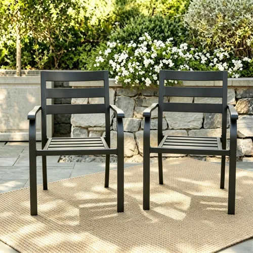 Juego de 2 sillas de comedor apilables negras para patio, sillas bistró de metal para exteriores con reposabrazos, muebles de patio para todo tipo