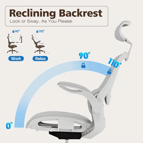 Miniatura 5 de GABRYLLY Silla de oficina ergonómica de malla - silla de escritorio blanca, reposabrazos abatible, reposacabezas ajustable, inclinable con asiento