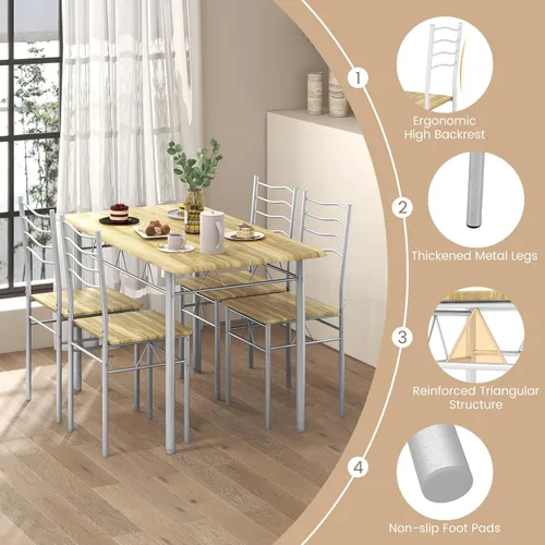 Miniatura 4 de COSTWAY Juego de 4 sillas de mesa de cocina, 5 piezas rectangulares de metal con almohadilla antideslizante, diseño que ahorra espacio, juego Nogal