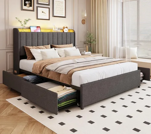 Miniatura 15 de Marco de cama completa con 4 cajones y cabecera de almacenamiento, marco de cama de plataforma tapizada tamaño completo con luces LED y práctica