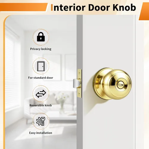 Miniatura 2 de Probrico Home Bed & Bath - Pomo de puerta de privacidad en latón pulido, accesorios interiores de bola plana, cerradura universal sin llave, 1