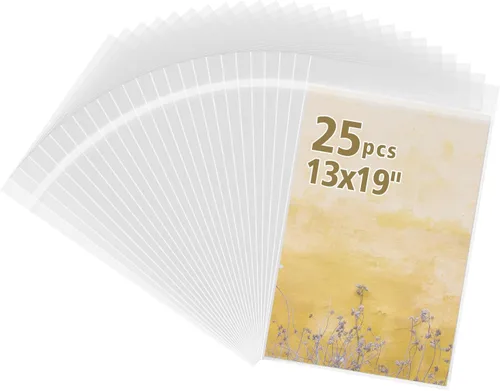 Frametory, paquete de 25 bolsas de plástico transparentes sin ácido de 13 7/16" x 19 1/4", bolsas de cristal autoadhesivas para impresiones de arte