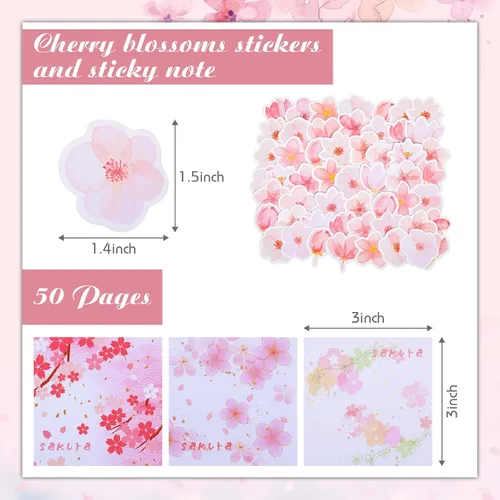 Miniatura 4 de Crtiin Juego de 74 piezas de papelería Kawaii con diseño de flor de cerezo, bolsa de lápices japonesa Kawaii, lápiz mecánico, borradores de cereza