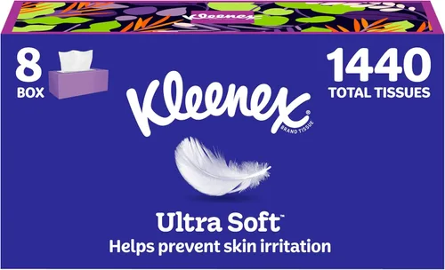 Kleenex - Pañuelos faciales ultrasuaves, 8 cajas planas, 180 pañuelos por caja, 3 capas, el embalaje puede variar Blanco