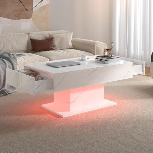 Miniatura 9 de HedoAjim - Mesa de café negra con LED y 2 cajones de almacenamiento para sala de estar, mesa rectangular de centro para sala de estar, mesas de café