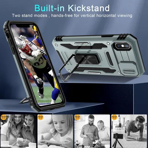 Miniatura 323 de DEERLAMN Funda para iPhone Xs Max con funda deslizante para cámara + protector de pantalla, soporte giratorio de anillo de grado militar a prueba