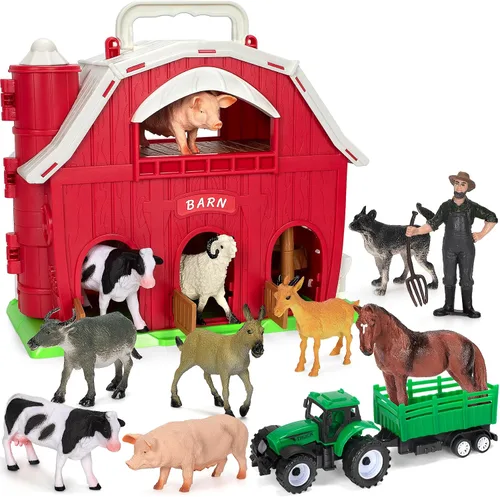 Juguetes de animales de granja para niños de 1, 2, 3, 4 y 5 años, juego de granja grande de granero rojo con figuras de animales y juguete de