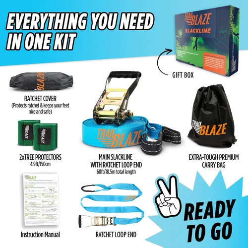 Miniatura 3 de Kit Completo de Slackline Ninja – Línea de slackline de 60 pies de largo para patio trasero para niños y adultos con correas de trinquete, Azul