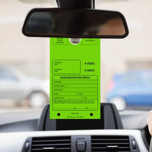 Miniatura 8 de SmartSign Etiqueta colgante de espejo "Permiso de estacionamiento temporal" Paquete de 50 Verde fluorescente Cartulina de 7.75 x 4.25 pulgadas