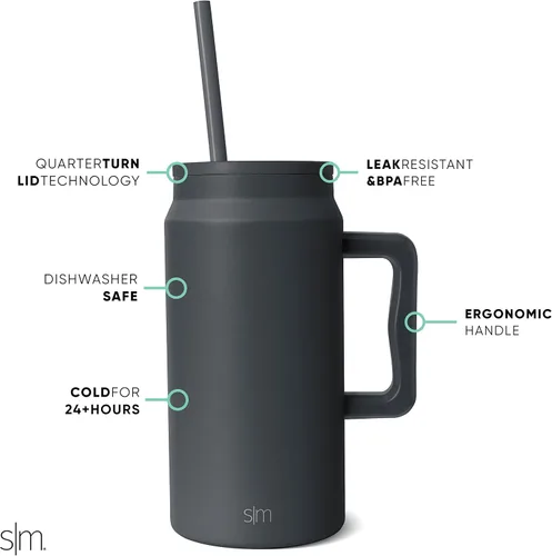Miniatura 2 de Simple Modern Vaso de 50 onzas con asa y tapa con pajilla, botella de agua reutilizable aislada de acero inoxidable grande para viaje, regalos