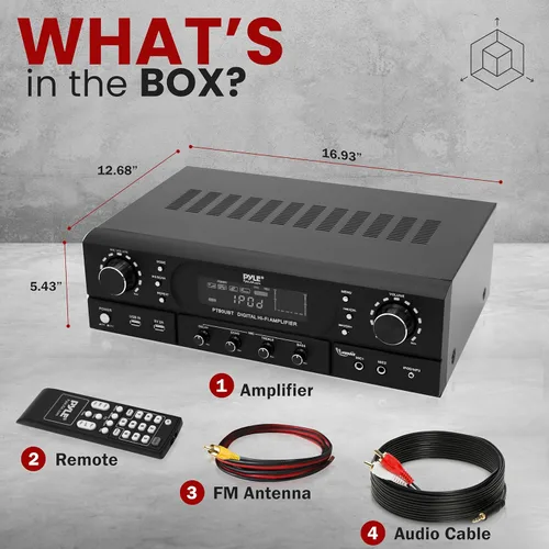 Miniatura 7 de Pyle Amplificador receptor de cine en casa Bluetooth – Amplificador de potencia máxima de 180 W con agudos, graves, control de eco, MP3/USB/FM