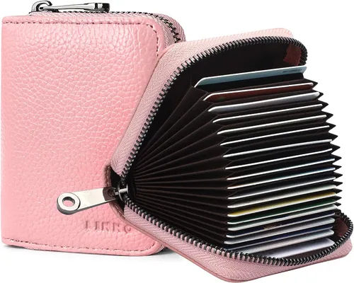 Linno RFID 20 ranuras titular de la tarjeta de crédito de cuero genuino pequeña cartera para mujeres u hombres con cremallera