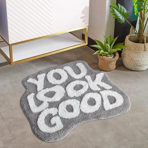 Miniatura 12 de Alfombra de baño negra con texto en inglés "You Look Good", alfombra de baño divertida, bonita, antideslizante, de microfibra, de felpa, pequeña