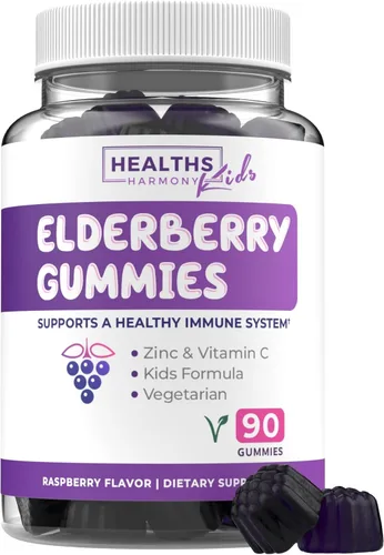 Sambucus - Gomitas de saúco para niños, gomitas de apoyo inmunológico para niños con vitamina C de saúco negro y zinc para el bienestar diario y