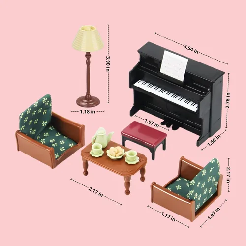 Miniatura 3 de Juego de Casa de Muñecas Familiar para Sala de Estar — Piano con Banco y Partitura, Dos Sillones, Mesa de Centro, Lámpara de Pie y Juego de Té