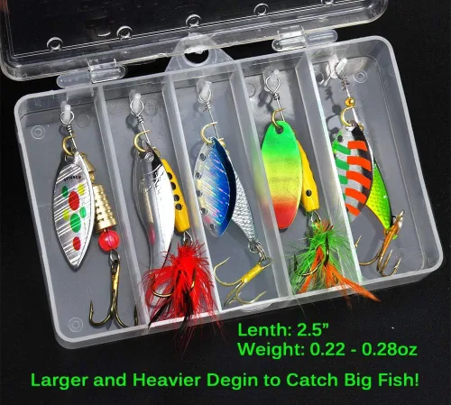 Miniatura 5 de Señuelo de pesca Spinnerbait, róbalo, trucha, salmón, cebo de metal duro giratorio, set con 2 cajas de anzuelos por Tbuymax, 10