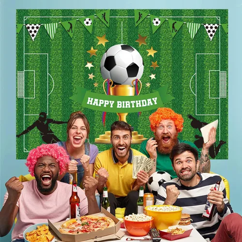 Miniatura 6 de Cartel de fondo de feliz cumpleaños de fútbol de 5 x 3 pies, decoraciones de fiesta temática deportiva para niños y niños, suministros de fiesta