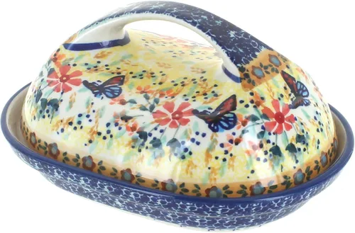 Blue Rose Polish Pottery - Mantequera de mariposa amarilla y azul con asa, se adapta a 1 barra, plato de mantequilla para organización y