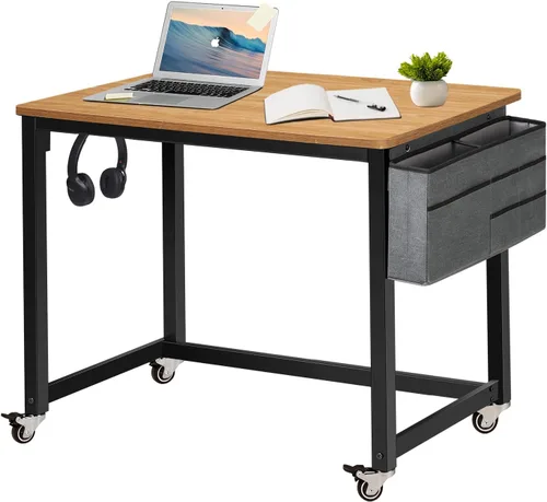 Miniatura 16 de AHB Escritorio para computadora con 4 ruedas lisas, escritorio móvil de estilo simple, mesa de estudio para oficina en casa, estación de trabajo