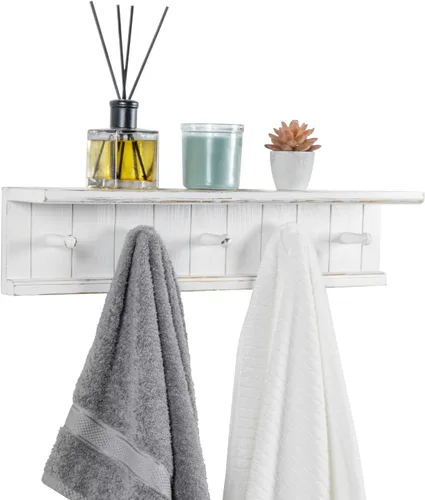 MyGift Estante de baño flotante de madera blanca vintage de 5 ganchos montado en la pared y toallero