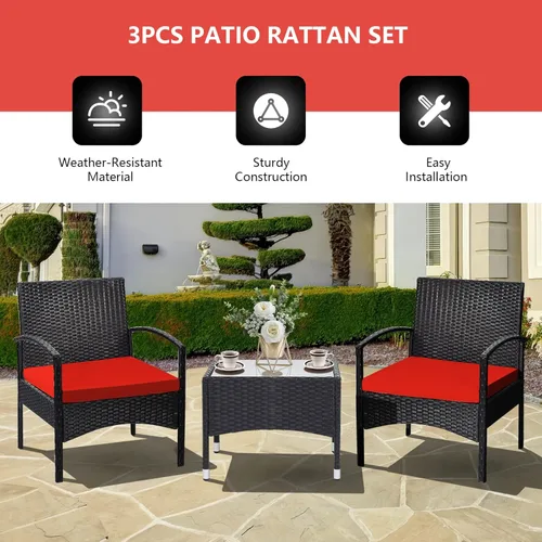 Miniatura 4 de RELAX4LIFE Juego de muebles de patio de 3 piezas, juego de conversación de ratán, juego de bistró de mimbre con 2 sillas, mesa de centro de cristal