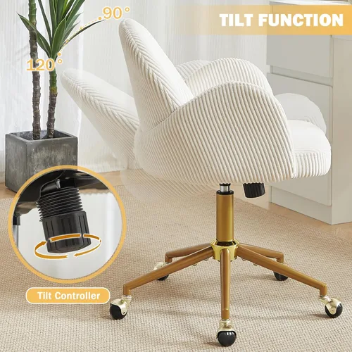 Miniatura 5 de Silla de tocador con ruedas, silla de tocador de pétalos con respaldo y patas de metal dorado entrecruzadas, silla de escritorio para oficina