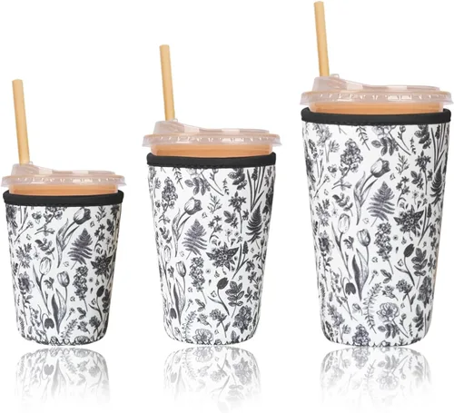 Miniatura 18 de Funda aislante reutilizable para taza de café helado, paquete de 3 fundas de neopreno para bebidas frías y calientes, soporte para bebidas para café
