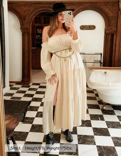 Miniatura 61 de ZESICA - Vestido largo, bohemio y sexy, con hombros descubiertos y manga larga fruncida, con elástico fruncido, cintura alta y abertura lateral