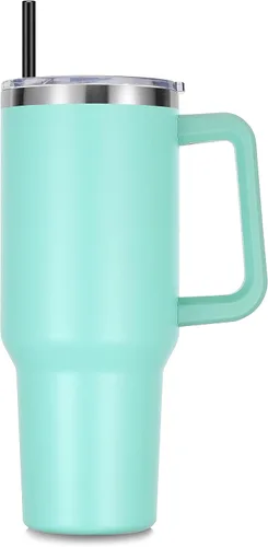 Miniatura 8 de DOMICARE Vaso de 40 oz con asa y pajita, vaso de acero inoxidable con tapa y pajita, reutilizable, aislado al vacío, taza para café de viaje