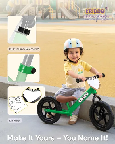 Miniatura 4 de KRIDDO Bicicleta de equilibrio para niños de 2 años, de 18 meses a 5 años, bicicleta de empuje de 12 pulgadas con placa personalizada